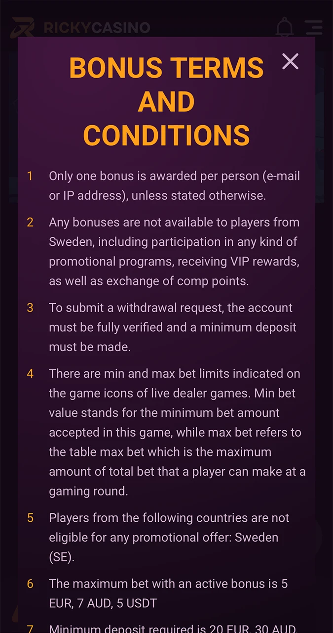 Explore the rules for claiming and wagering your Ricky Casino bonus.