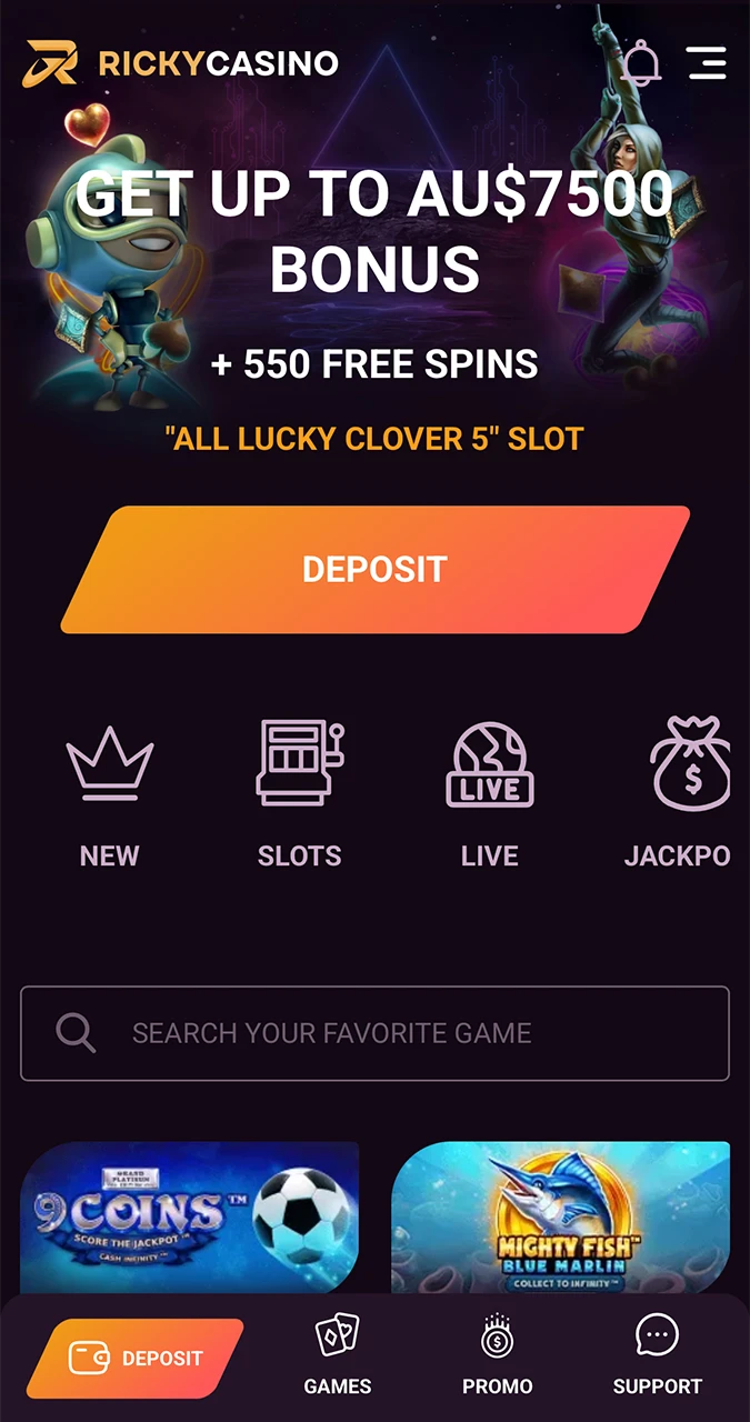 Launch the deposit form at Ricky Casino.