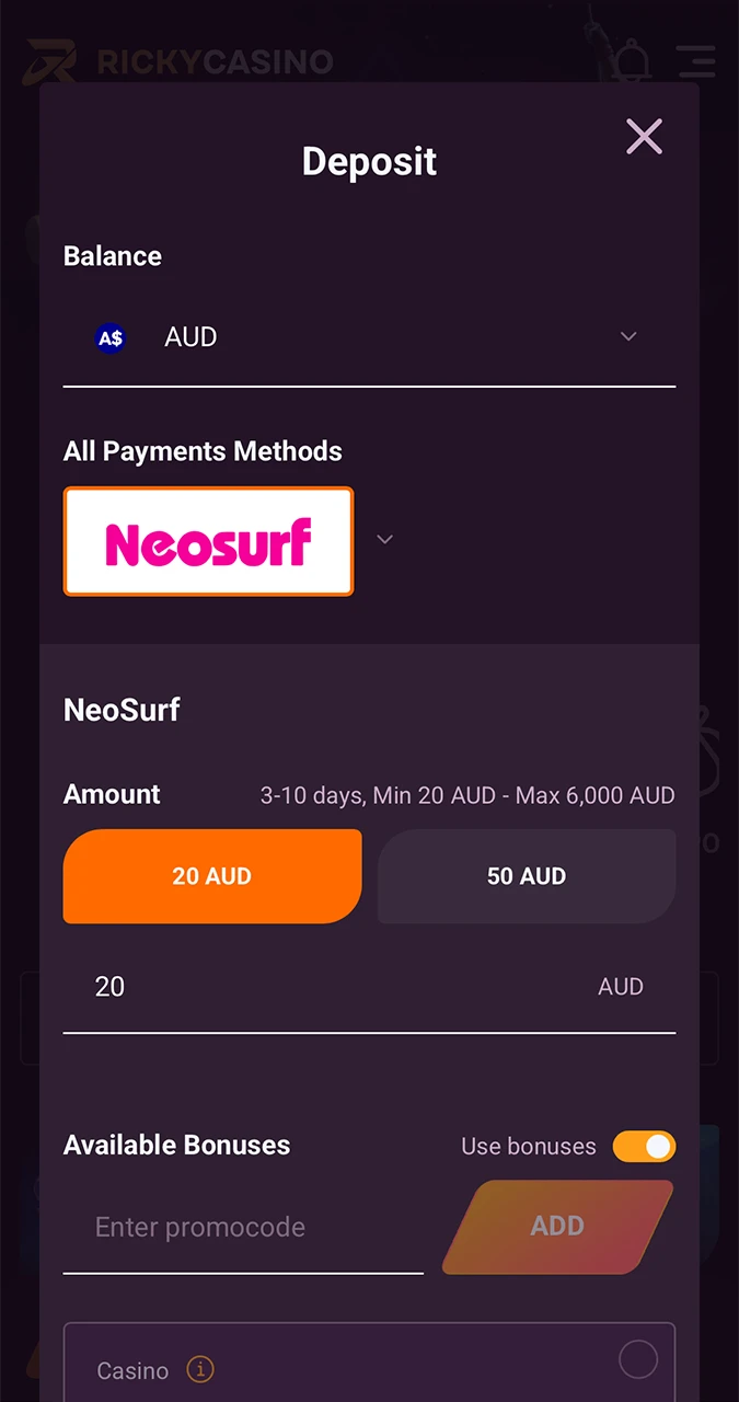 Decide on your deposit amount and enter it in the appropriate field on the Ricky Casino website.