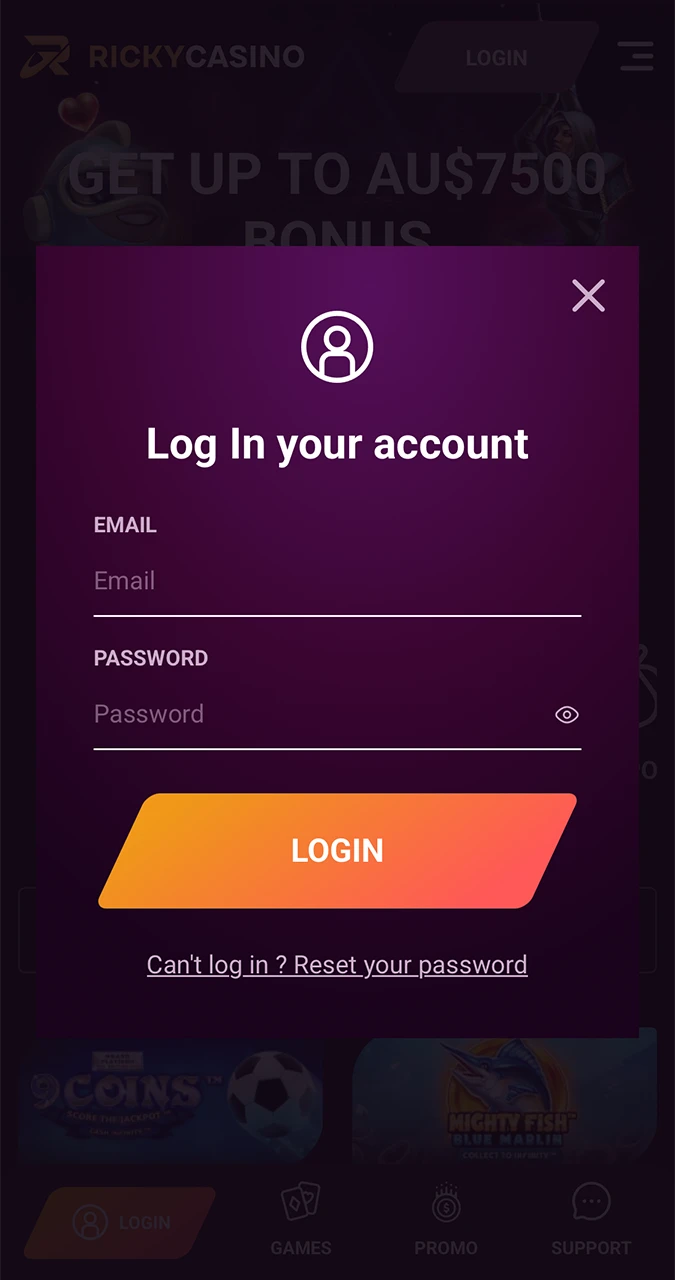 Enter your details required to log in to your Ricky Casino account.