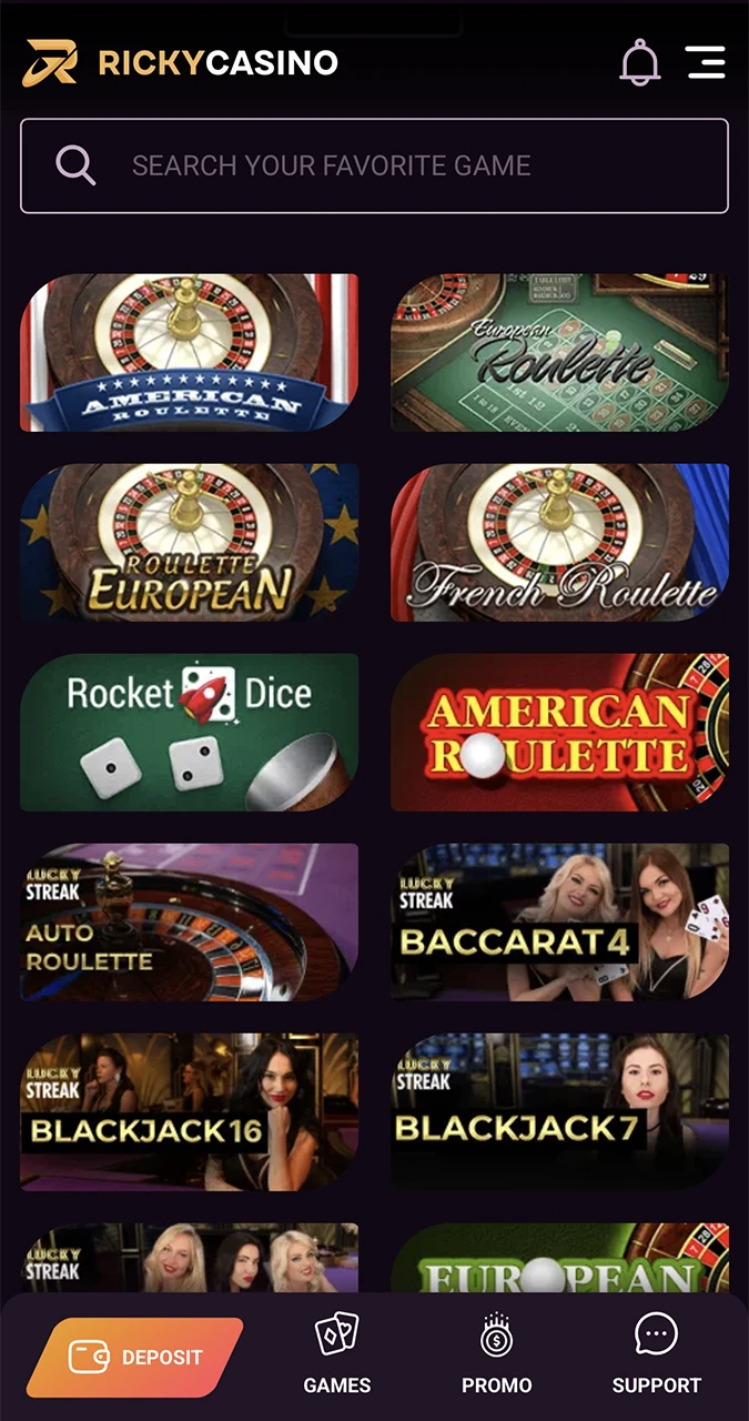 Find your favourite game at Ricky Casino and get it up and running.