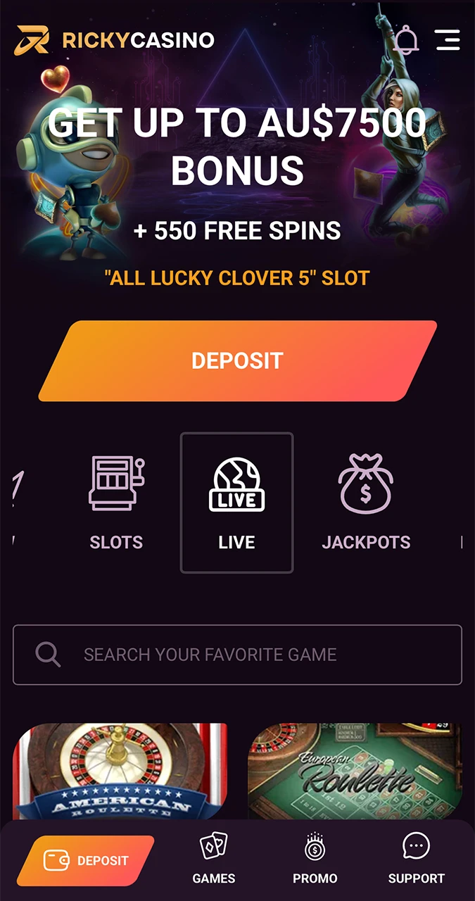 Launch the live games tab to check out the available list of games from Ricky Casino.