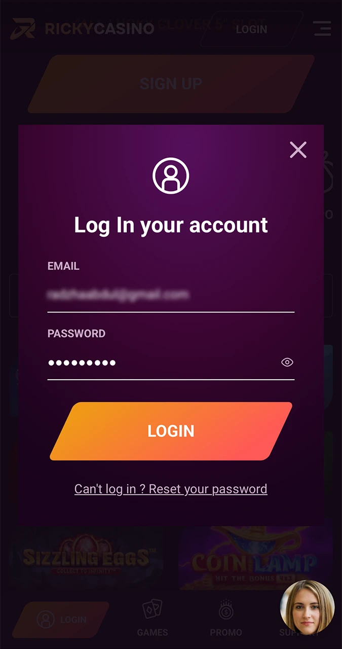 Carefully enter your Ricky Casino login details and double-check them.