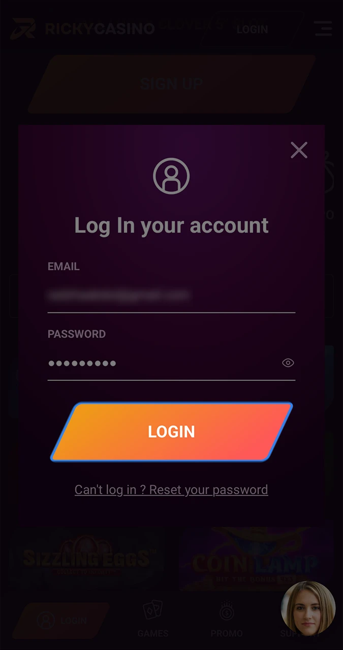 Confirm your login and start playing games from Ricky Casino.