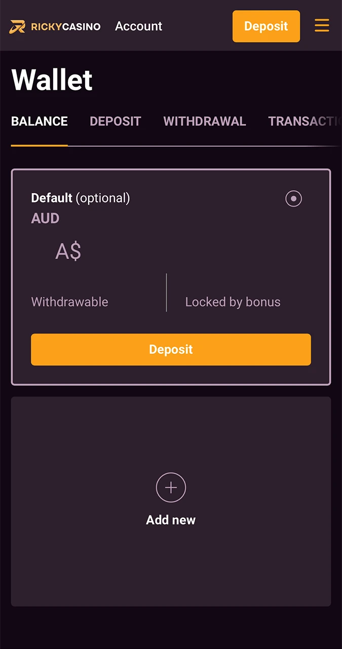 Open a personal Ricky Casino account and click to withdraw your winnings.