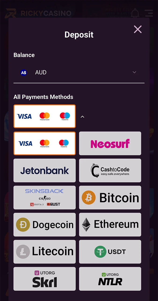 Top up your balance at Ricky Casino to get the option to play for real money.