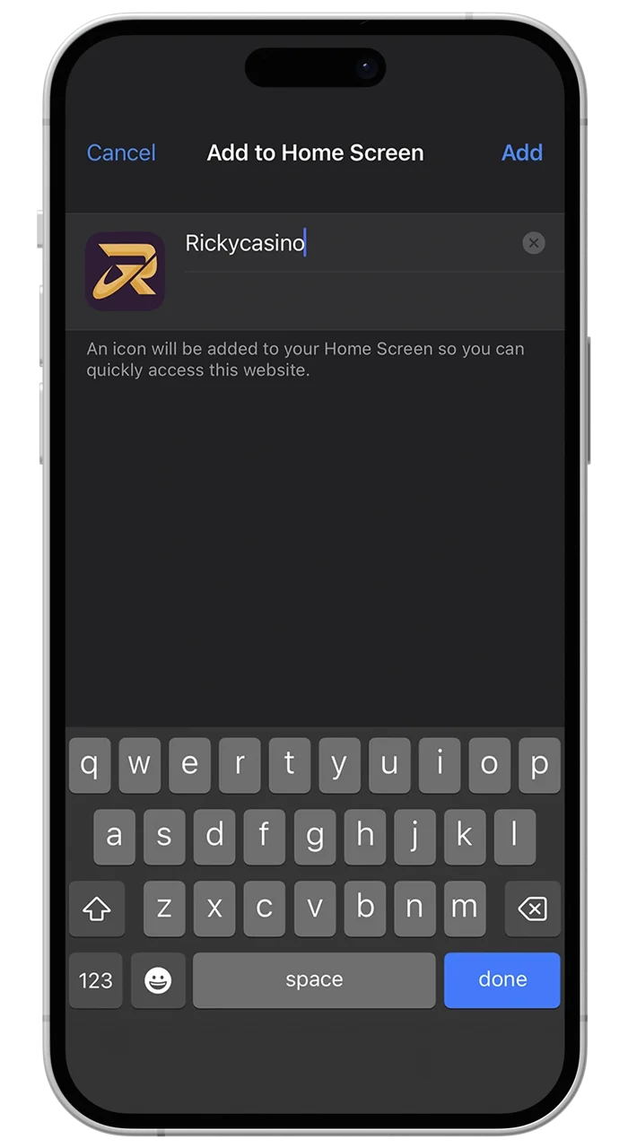Pick a name for the Ricky Casino app and add it to the desktop of your iOS device.