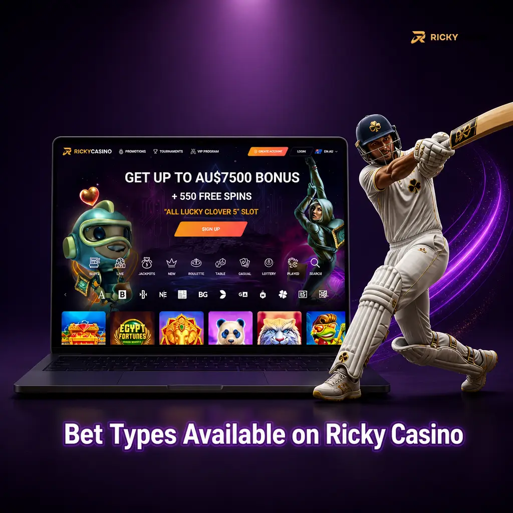 Ricky Casino bet types guide showing single, multi and system betting options for different risk levels