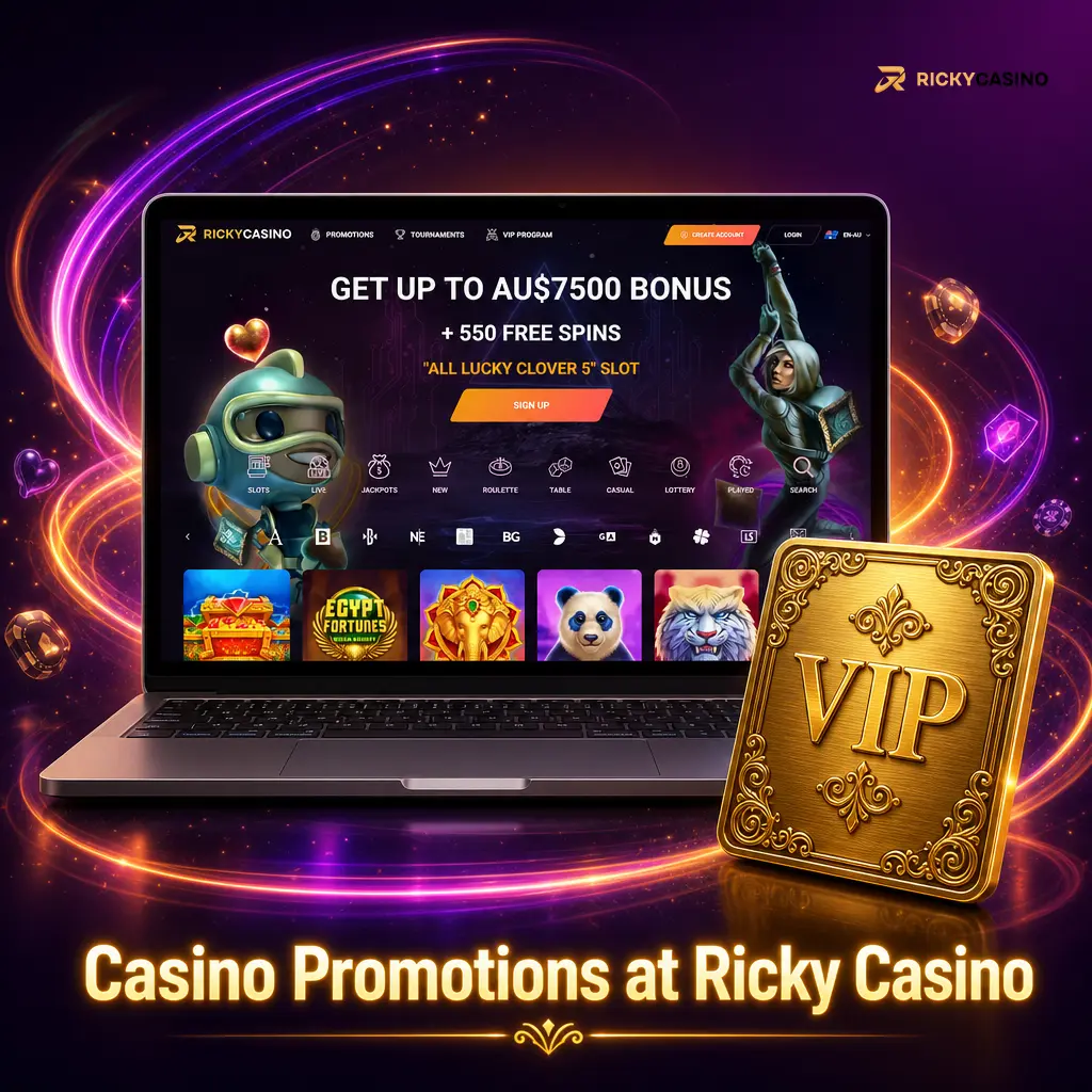 Ricky Casino promotions page showing welcome bonus, free spins, reload deals and cashback offer cards