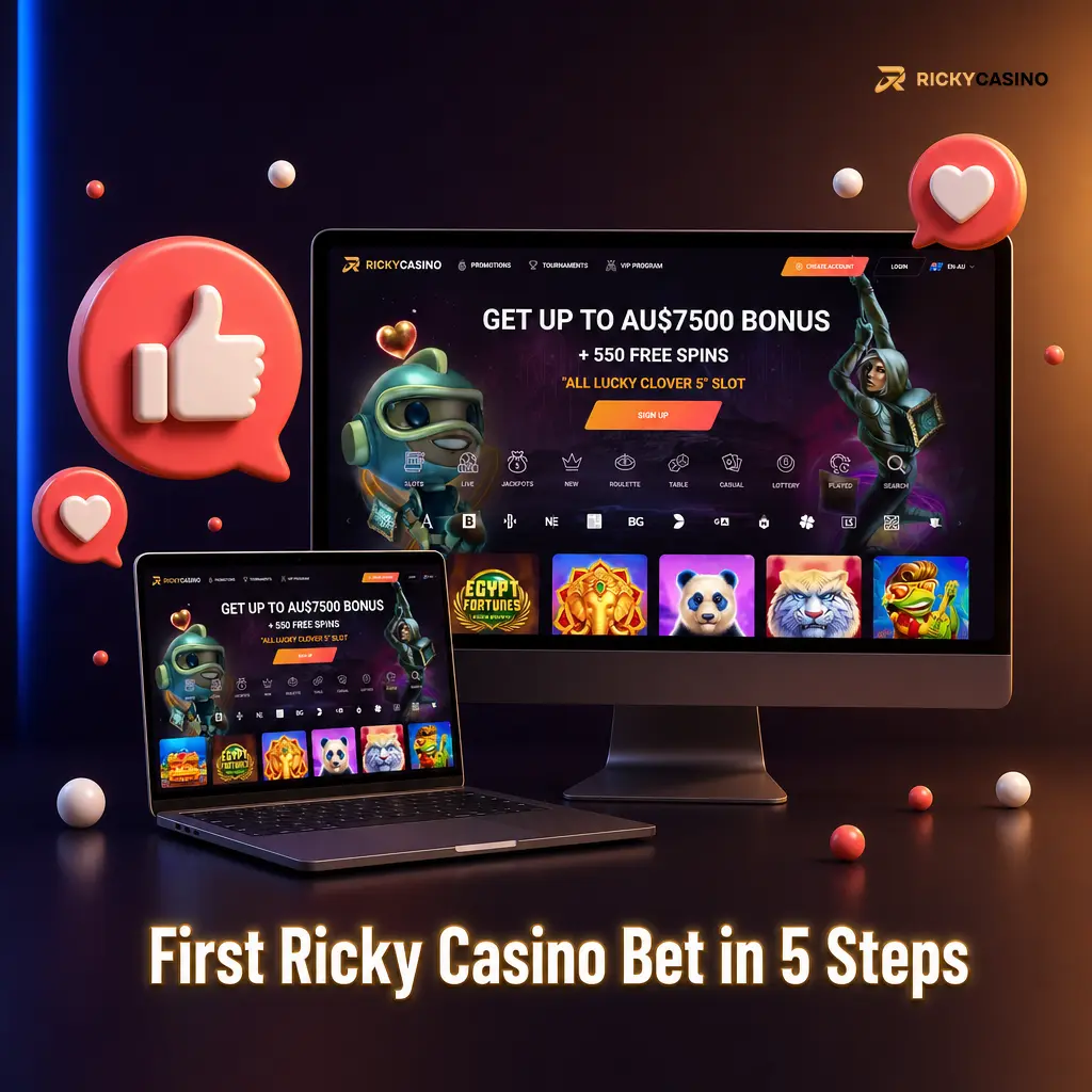 First Ricky Casino bet guide showing sign up, 20 AUD deposit, market selection, stake and bet slip confirmation