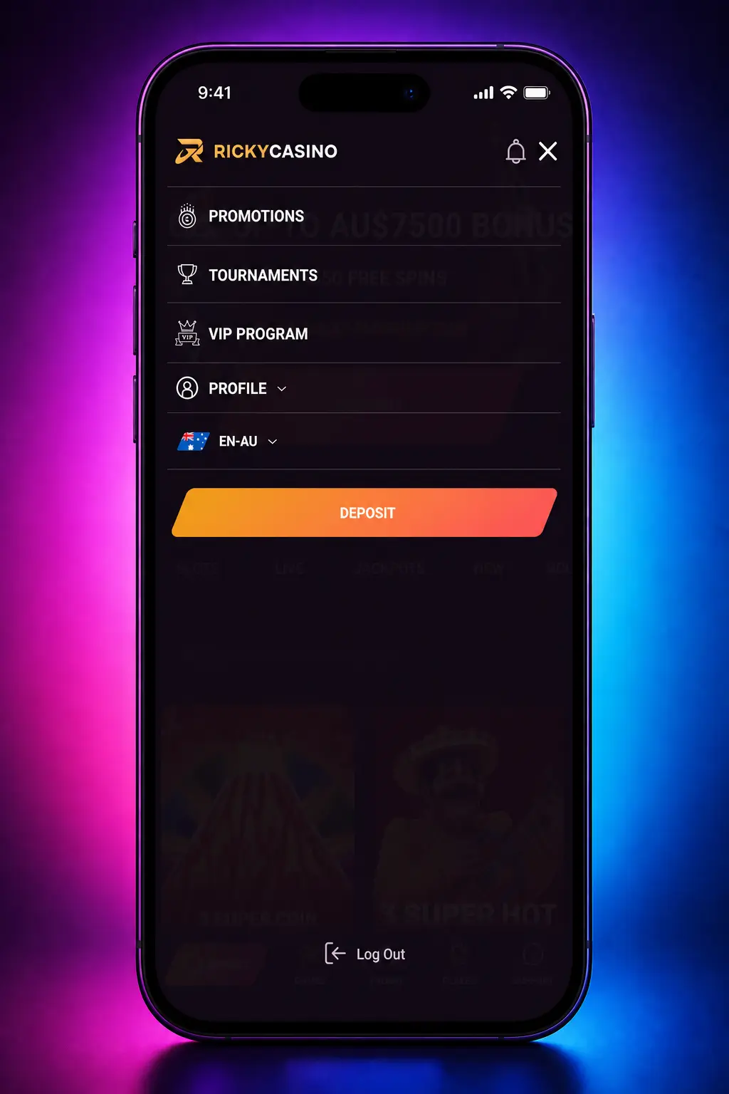 Ricky Casino Cashier showing AUD deposit steps, payment options, bonus selection and confirmation for Australian players