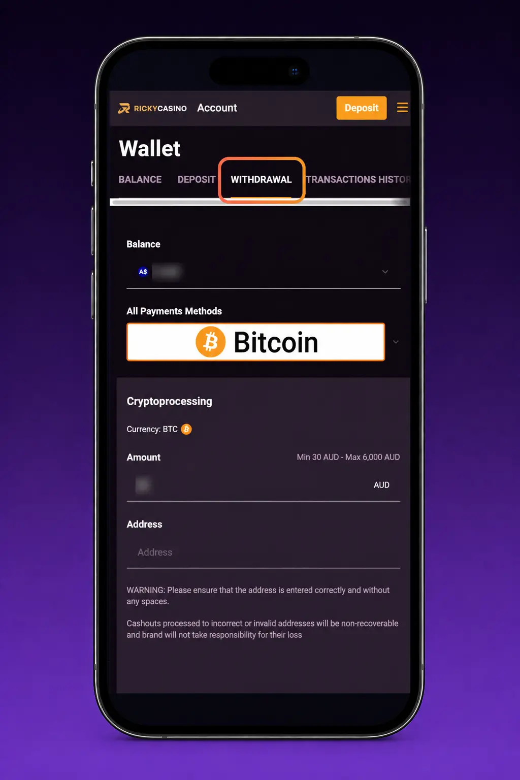 Ricky Casino withdrawal steps in Australia showing payment options, verification and AUD payout limits