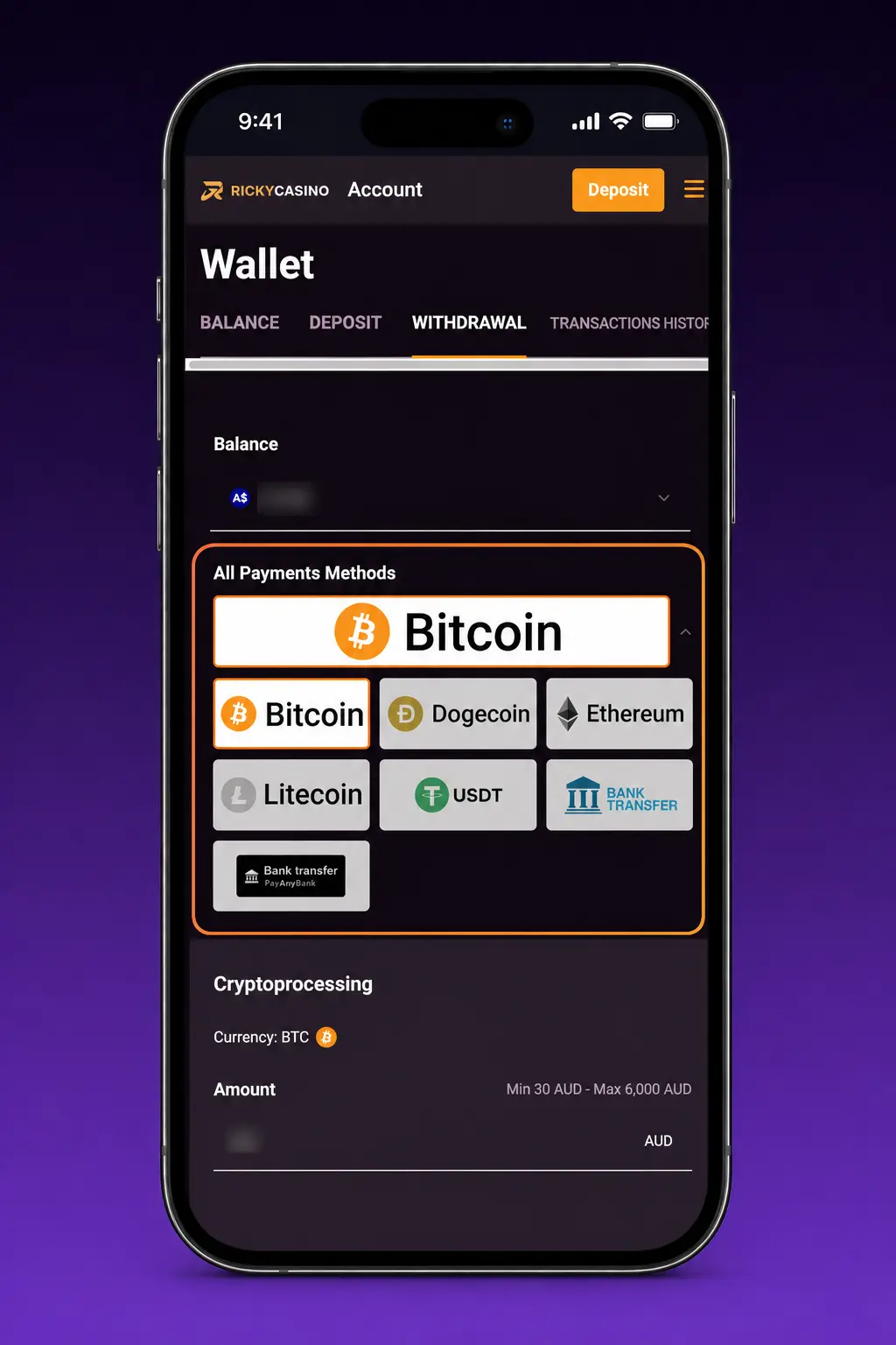Ricky Casino withdrawal steps in Australia showing payout methods, verification and AUD withdrawal limits