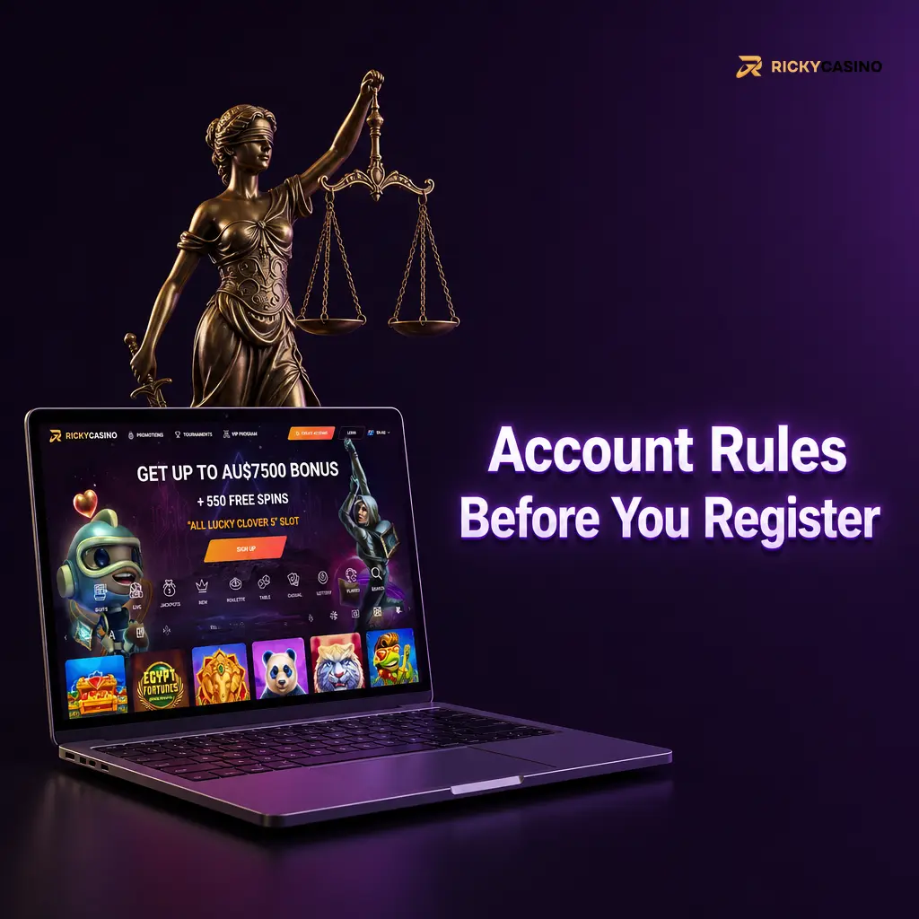 Casino account registration rules showing 18+ age limit, ID verification and one account per player
