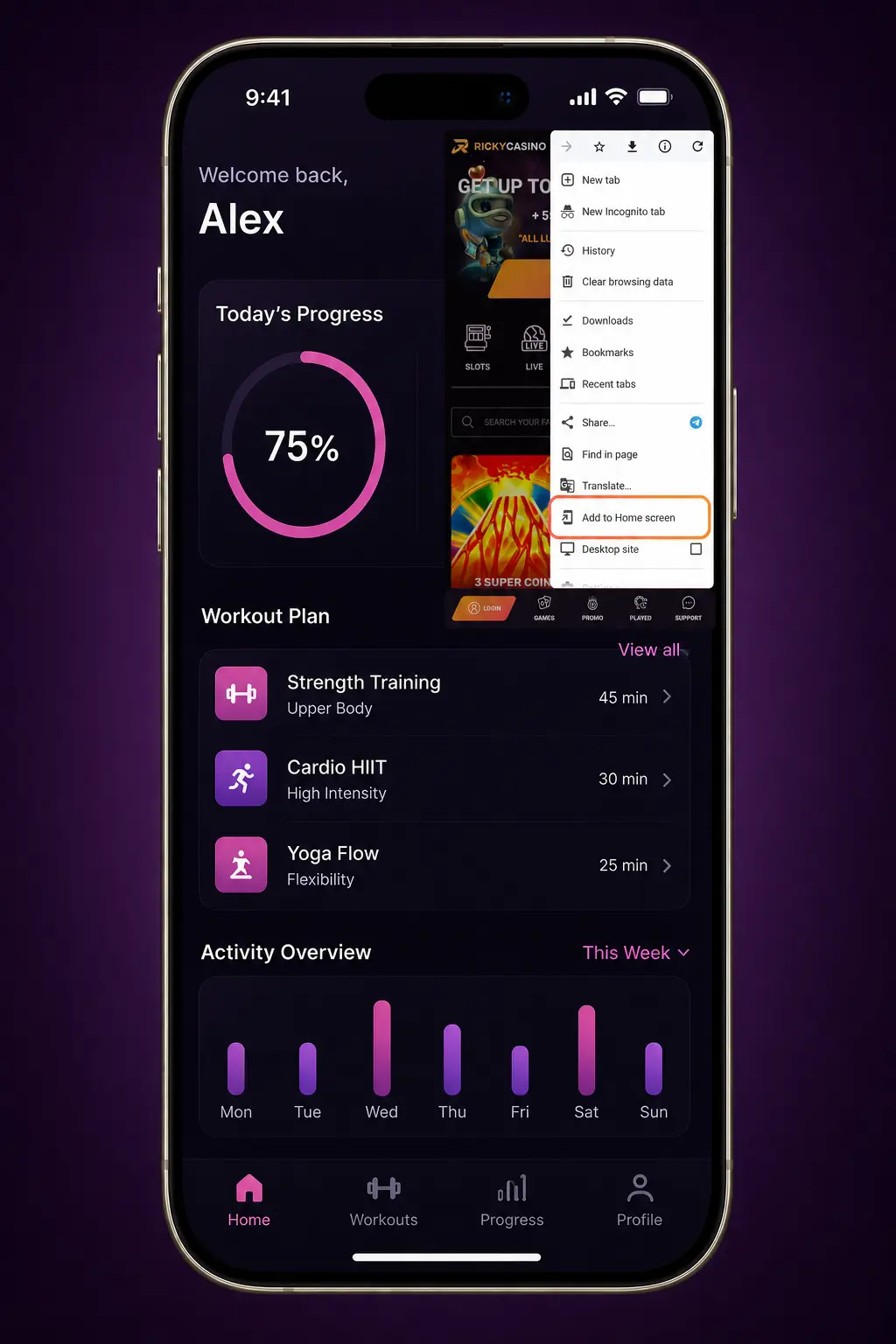 Android PWA download guide showing Chrome Add to Home screen steps for installing mobile casino and sports betting app