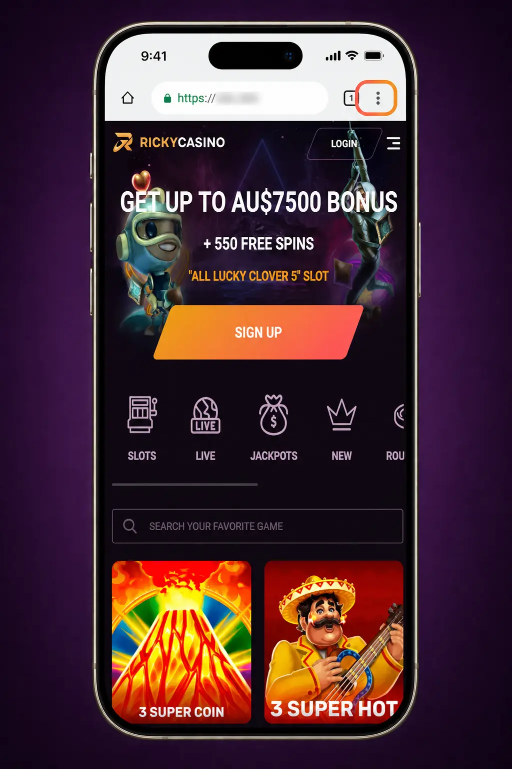 Android PWA download guide showing how to add the mobile casino and sports betting site to your home screen