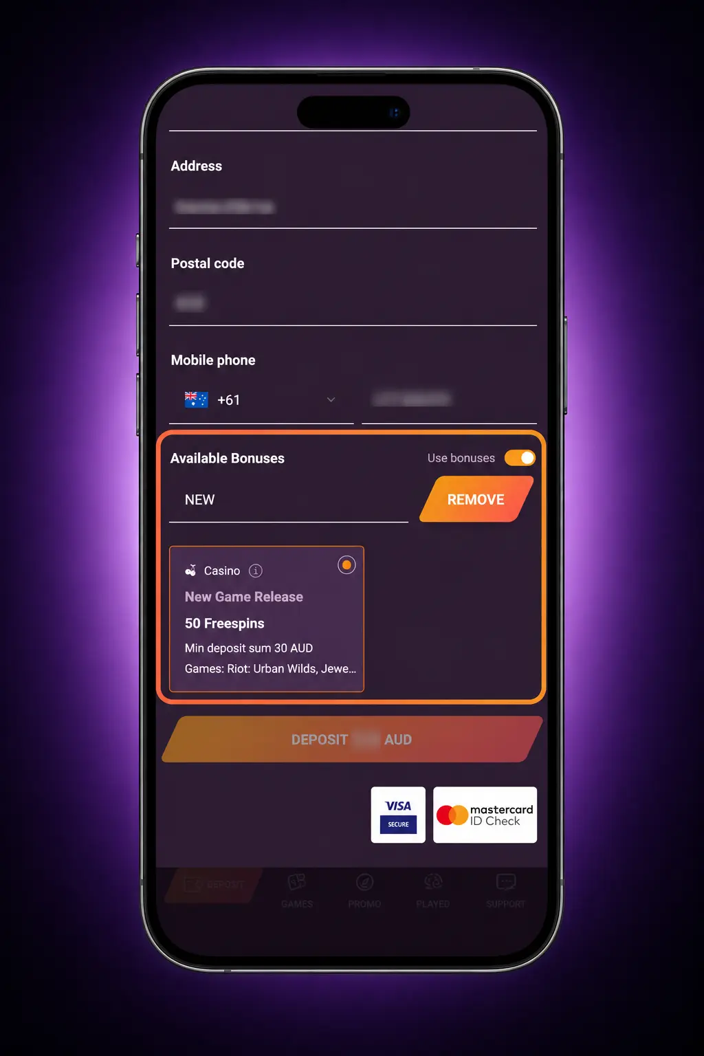 Steps to claim an Australian bonus: choose offer, register, deposit, enter promo code and activate.