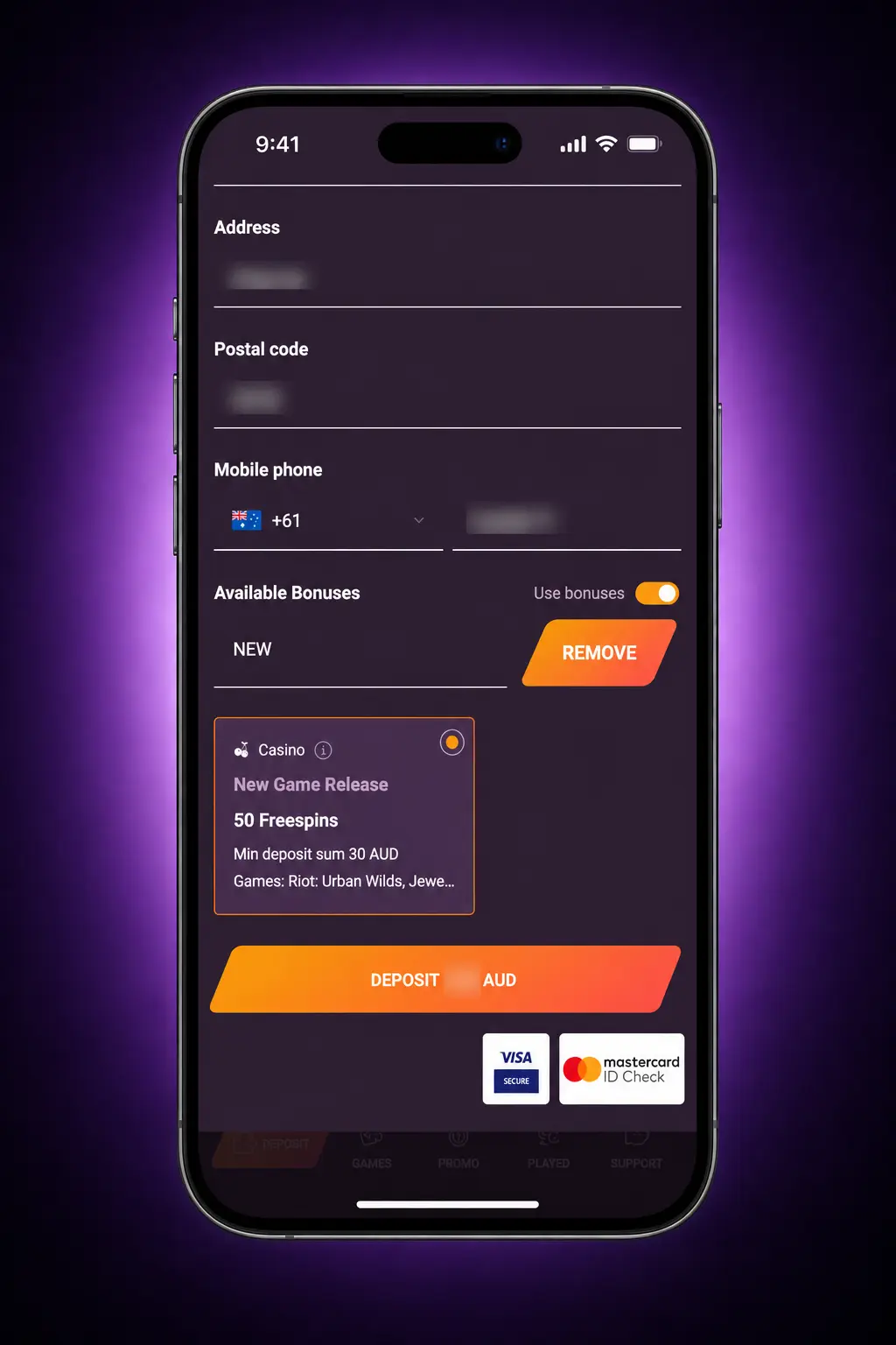 Four steps to claim an Australian bonus, from bonuses page and registration to deposit and promo code activation