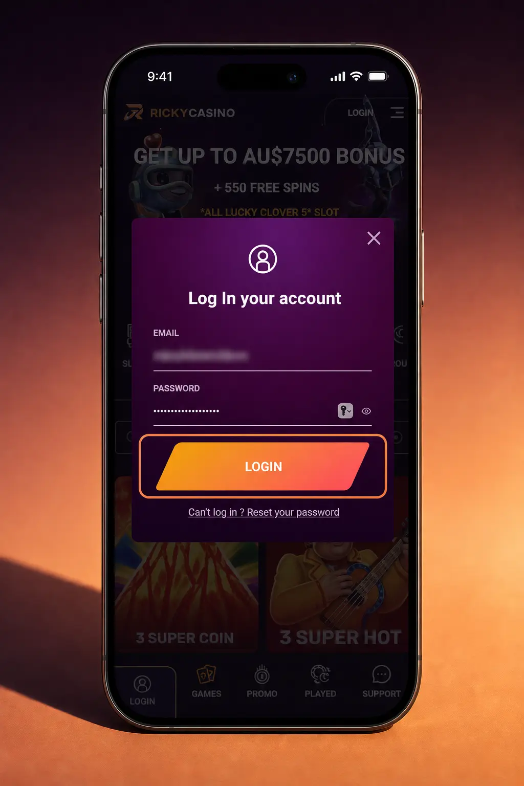 Ricky Casino login page showing account sign in steps for casino, sportsbook, cashier and bonuses