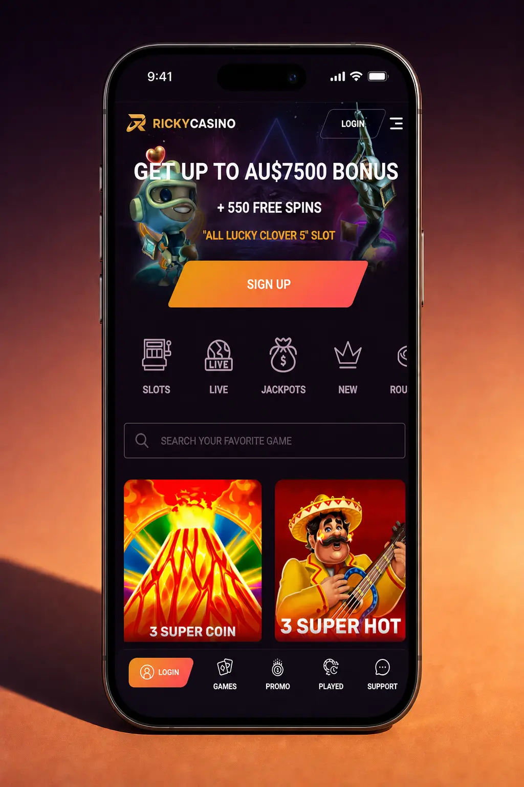 Ricky Casino login screen with steps to sign in and access casino, sportsbook, cashier and bonuses