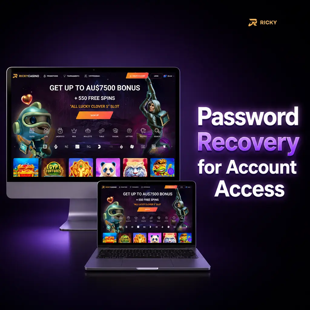 Password recovery steps for Ricky Casino account access via login reset, email or SMS, and new password