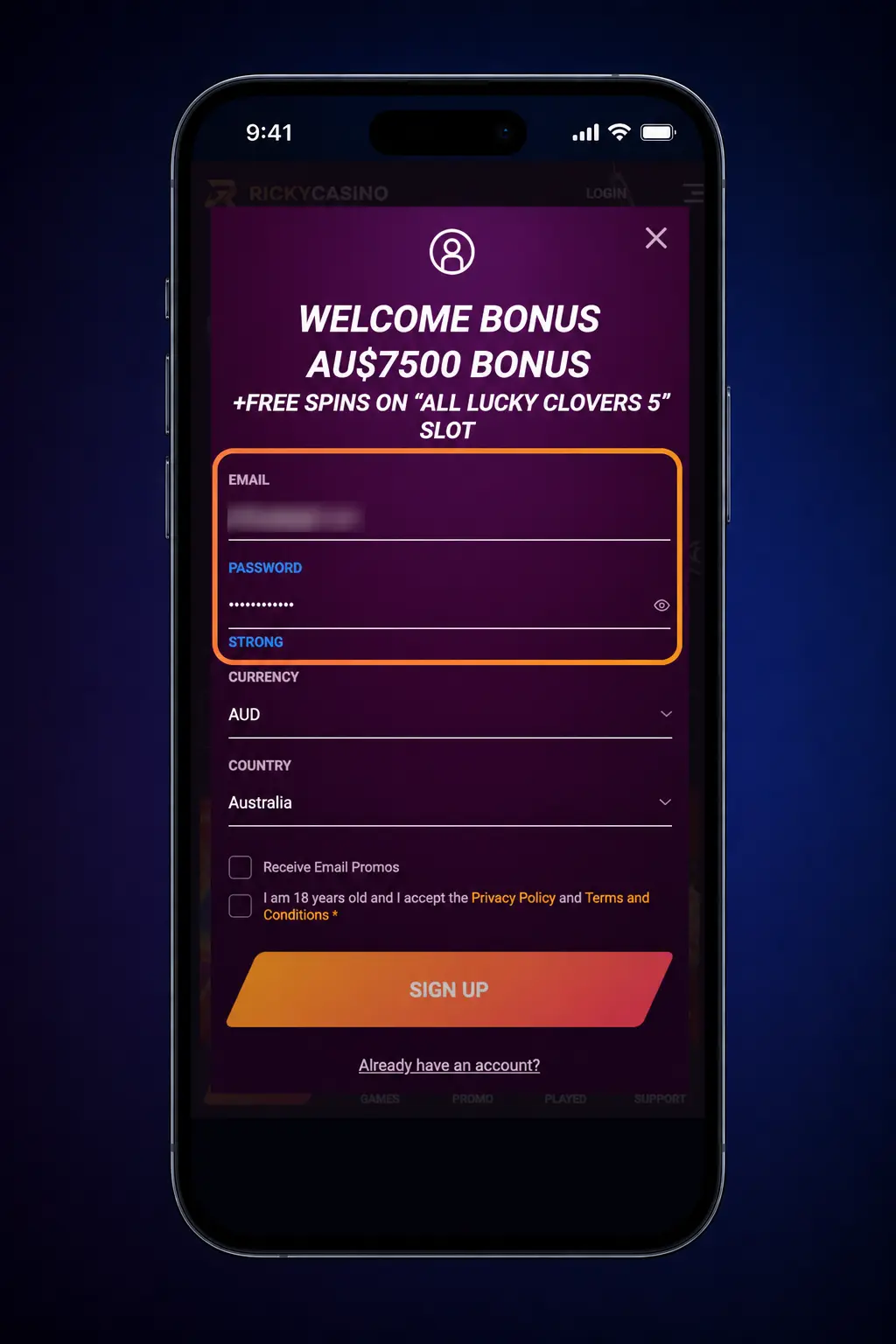 Ricky Casino registration form showing Australian sign-up steps, account details and AUD currency
