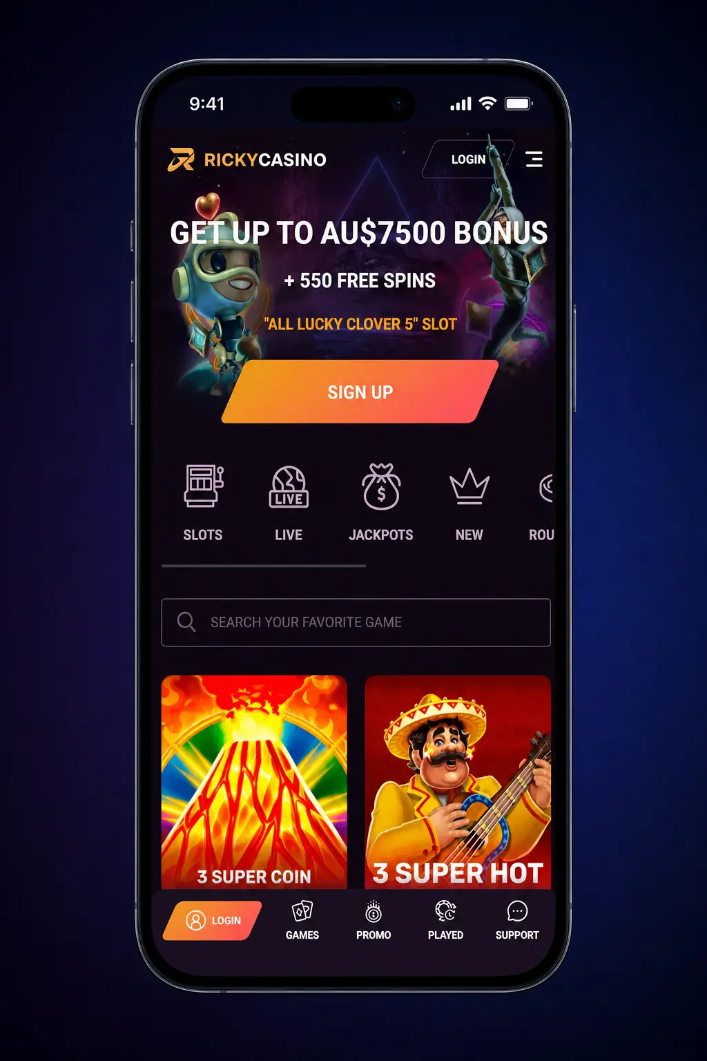 Ricky Casino Australia registration form showing sign up steps with email, password, DOB, address and AUD currency