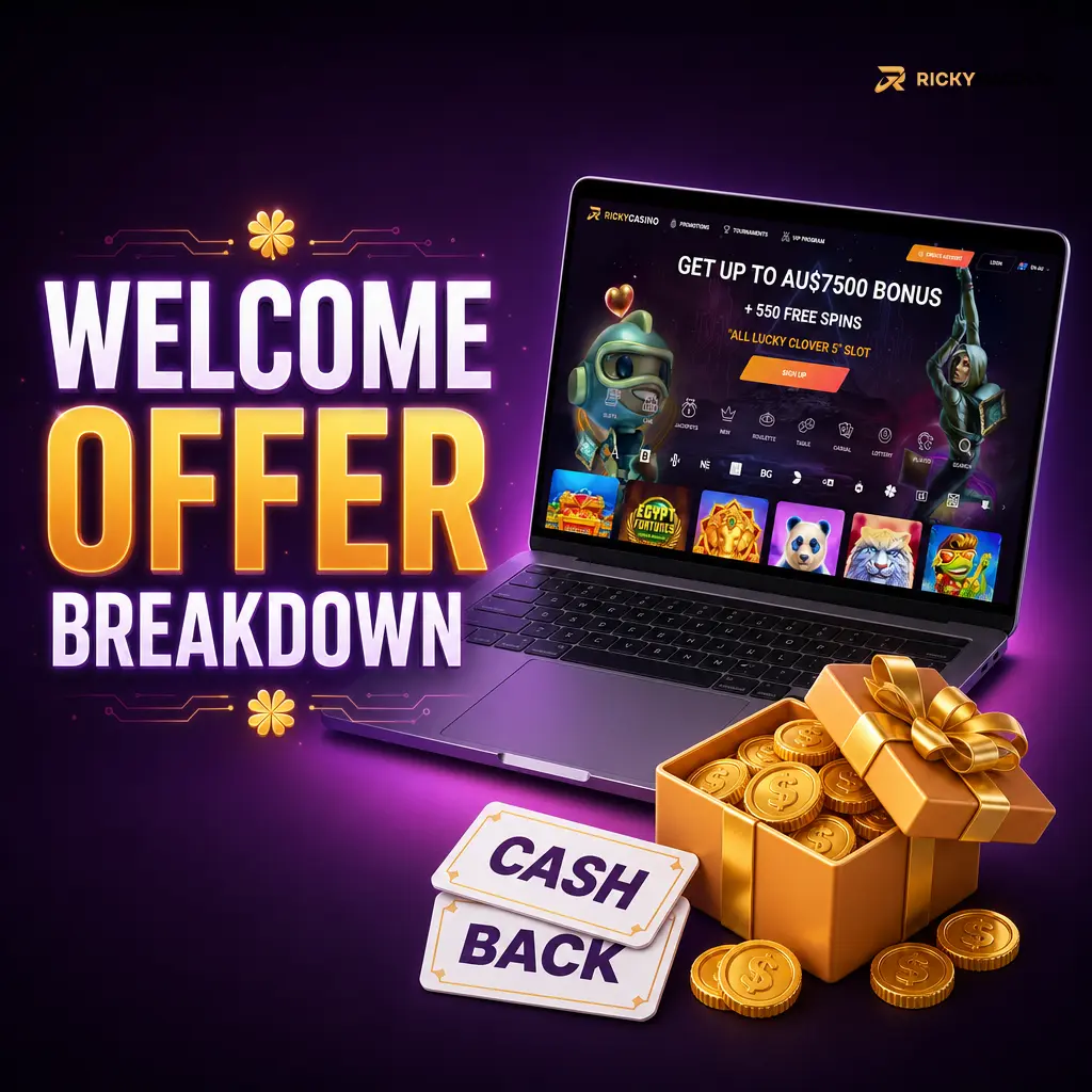 Ricky Casino 2026 welcome offer table showing 550% up to 7,500 AUD plus 550 free spins